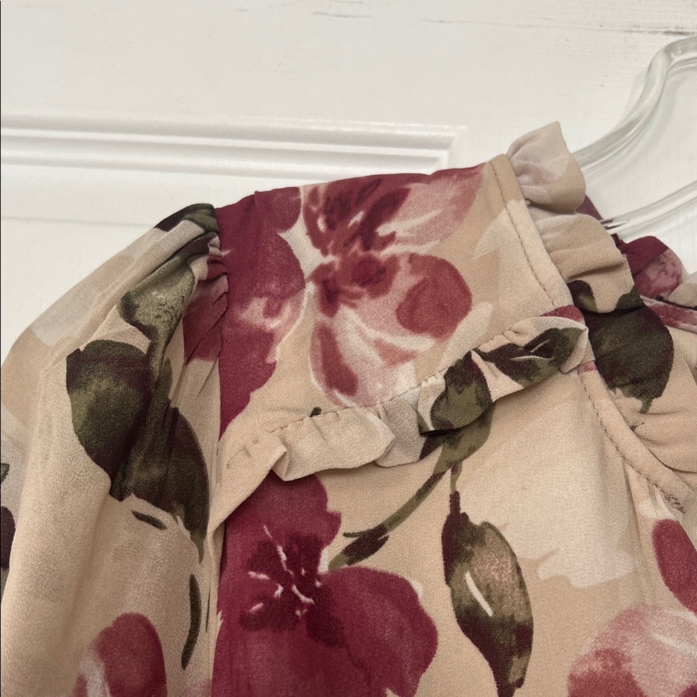 Sold - Cleo Beige and Burgundy Floral Long Sleeve Dress - Picture 5 of 7
